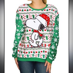 Peanuts Juniors Green and White Snoopy Holiday Sweater, L
